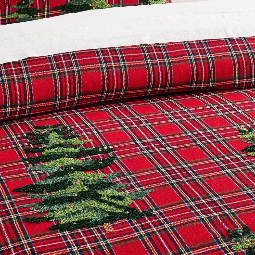 Pottery Barn Elliot KING / CAL Duvet Cover Christmas Tree Embroidered Red Plaid